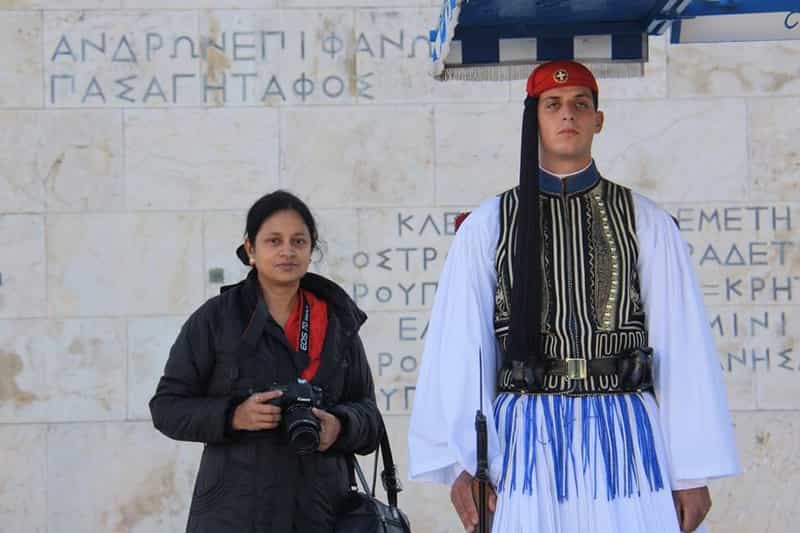 Indrani posing with a Greek Guard at Syntagma Square, Greece