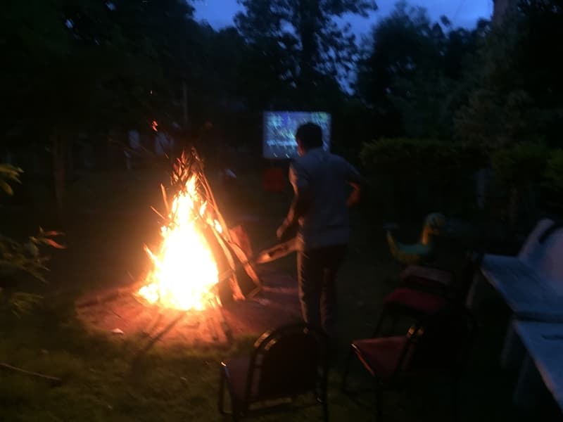 A bonfire set up by the campsite at Kanakpura