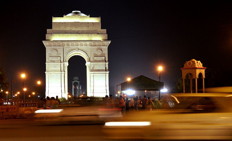 The India Gate memorial at night 