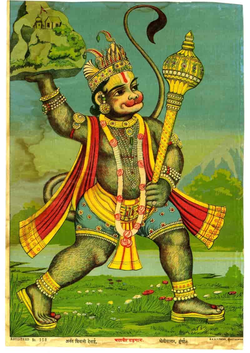 Hanuman fetching the Sanjeevani in a painting by Raja Ravi Varma